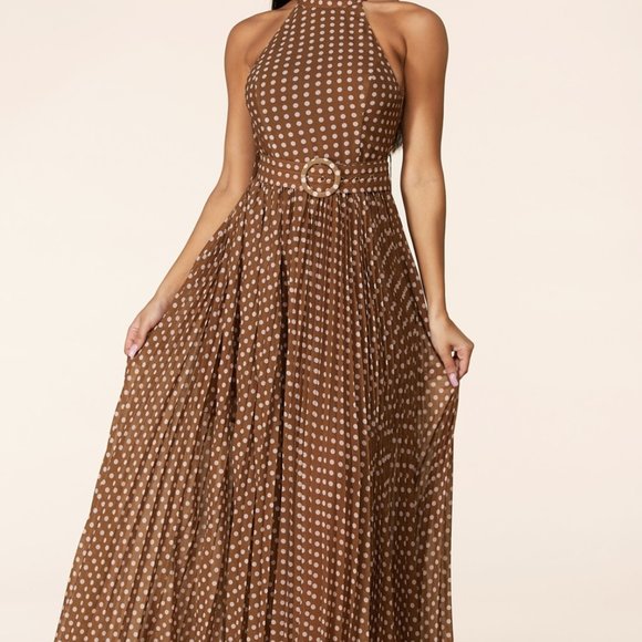 L'ATISTE Dresses & Skirts - BROWN PLEATED MOCK NECK MAXI WITH PINK POLKA DOTS